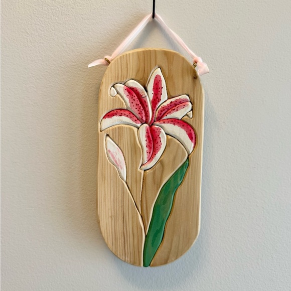 Hand Crafted Other - Floral Wooden Wall Art with Pink Stargazer Lily